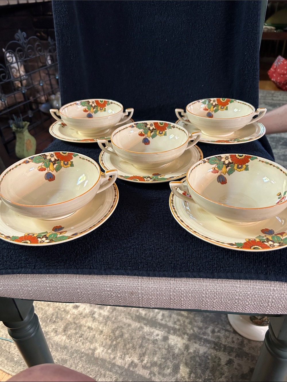 Crown Ducal Art Deco Vintage Floral Cream Soup Bowls with Saucers - Set of 5